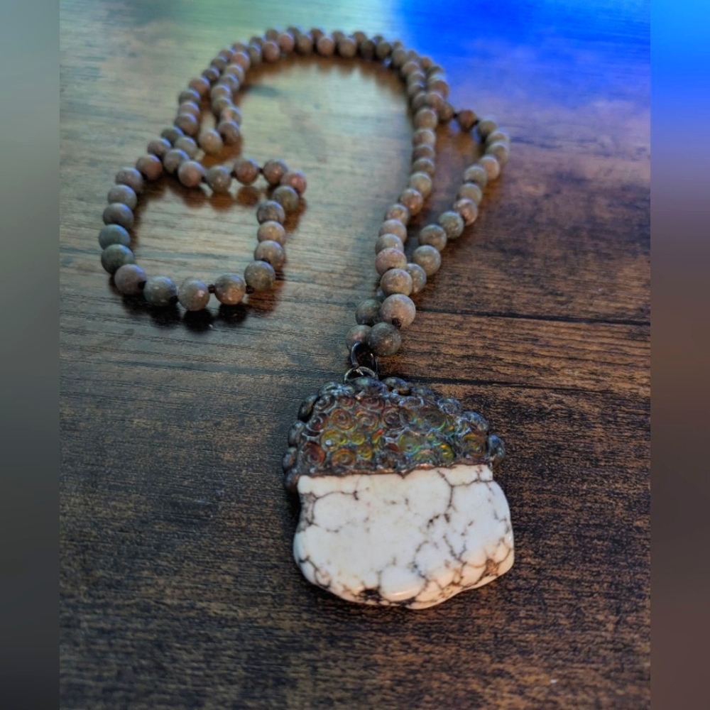 White Howlite Worry Stone & Jasper Bead Boho Artisan Necklace 20.5"